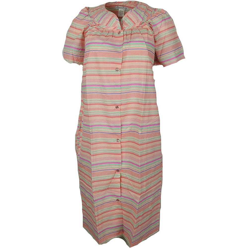 Robes Women's Cotton Blend House Dress Duster Robe- Snap Front- Pockets - Peach Multi Stripe - CV19D7OMSH3