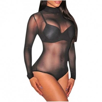 Shapewear Women Long Sleeves Mesh See Through Jumpsuit Bodysuit Top Leotard Ladies Fitted O-Neck Top with Bodysuit - Black - ...