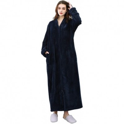 Robes Women Men Flannel Bathrobe Homewear Zipper Winter Long Plush Robe - 1-navy - CU18YRTLXZL