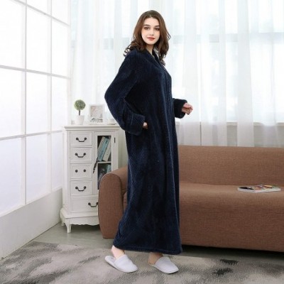 Robes Women Men Flannel Bathrobe Homewear Zipper Winter Long Plush Robe - 1-navy - CU18YRTLXZL