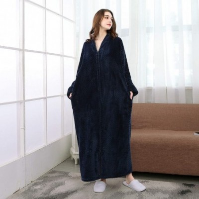 Robes Women Men Flannel Bathrobe Homewear Zipper Winter Long Plush Robe - 1-navy - CU18YRTLXZL