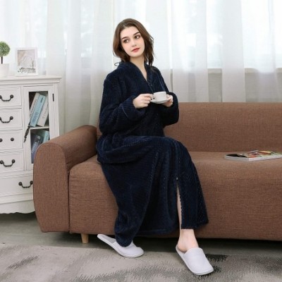 Robes Women Men Flannel Bathrobe Homewear Zipper Winter Long Plush Robe - 1-navy - CU18YRTLXZL