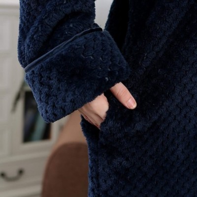 Robes Women Men Flannel Bathrobe Homewear Zipper Winter Long Plush Robe - 1-navy - CU18YRTLXZL