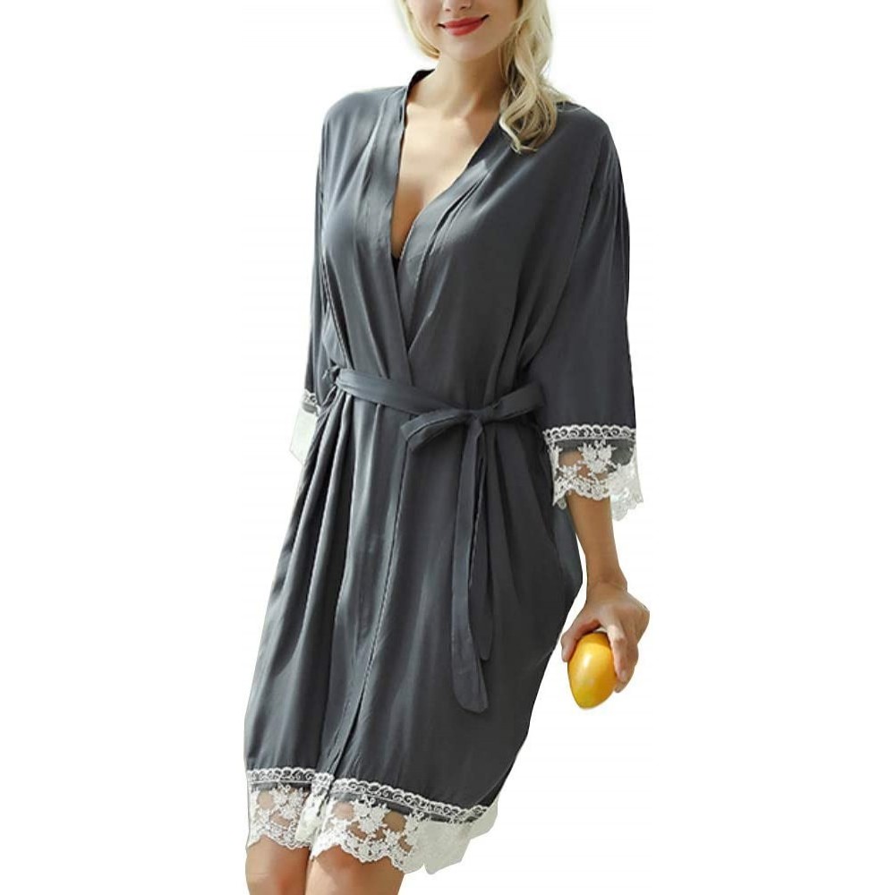 Robes Women Sleepwear- 3/4 Sleeve Lace Patchwork Waist Belt Robe V Neck Dress Dark Gray S - Dark Gray - CD19CANXG2X