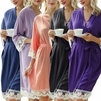 Robes Women Sleepwear- 3/4 Sleeve Lace Patchwork Waist Belt Robe V Neck Dress Dark Gray S - Dark Gray - CD19CANXG2X