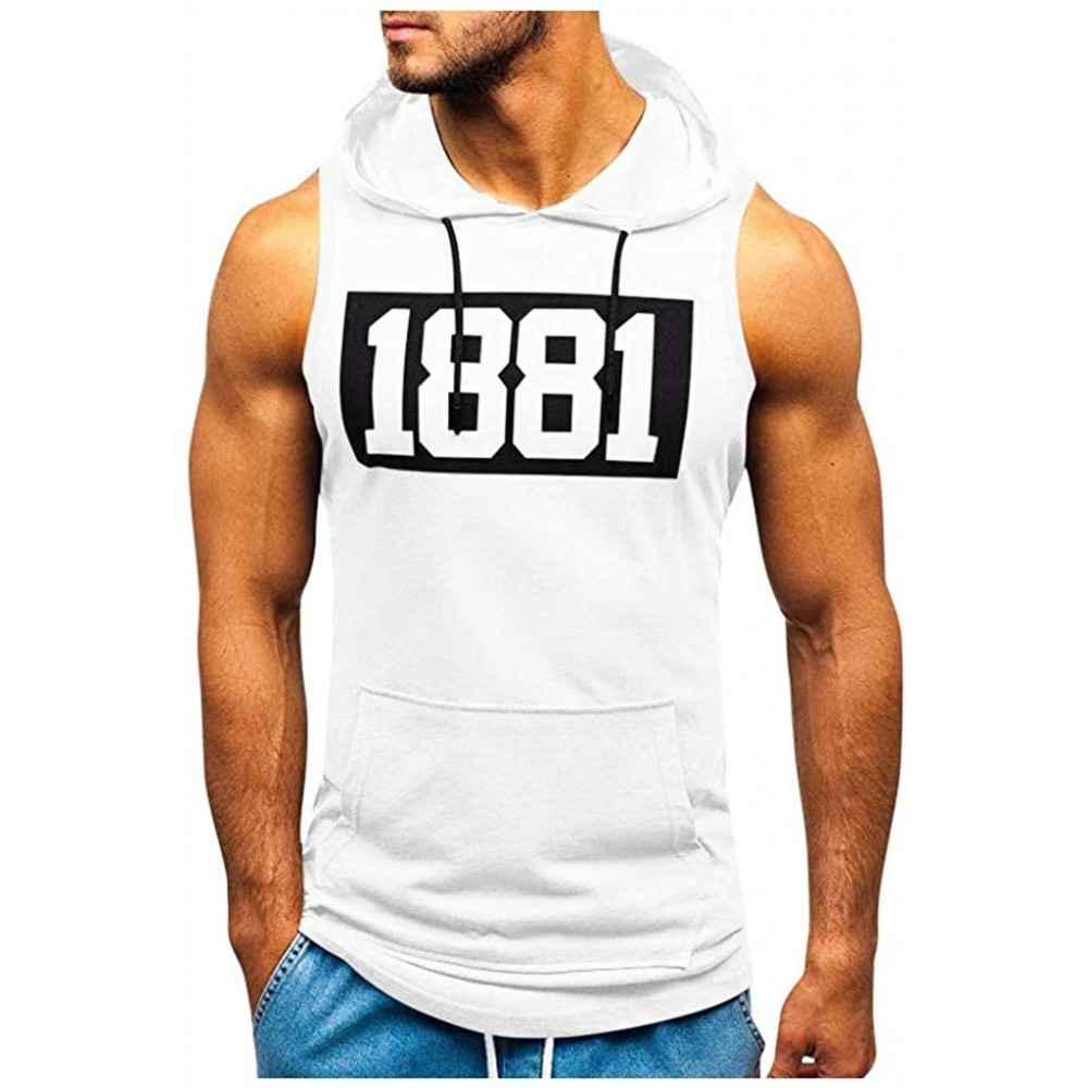 Trunks Men's Workout Hooded Tank Tops Bodybuilding Muscle Cut Off T Shirt Sleeveless Gym Hoodies - White C - C5194G232Z0