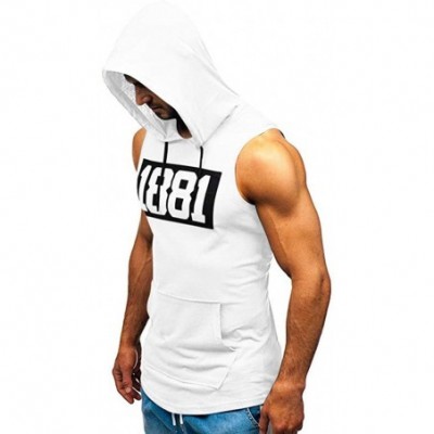 Trunks Men's Workout Hooded Tank Tops Bodybuilding Muscle Cut Off T Shirt Sleeveless Gym Hoodies - White C - C5194G232Z0