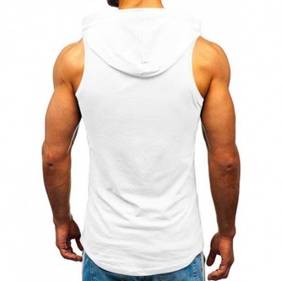 Trunks Men's Workout Hooded Tank Tops Bodybuilding Muscle Cut Off T Shirt Sleeveless Gym Hoodies - White C - C5194G232Z0