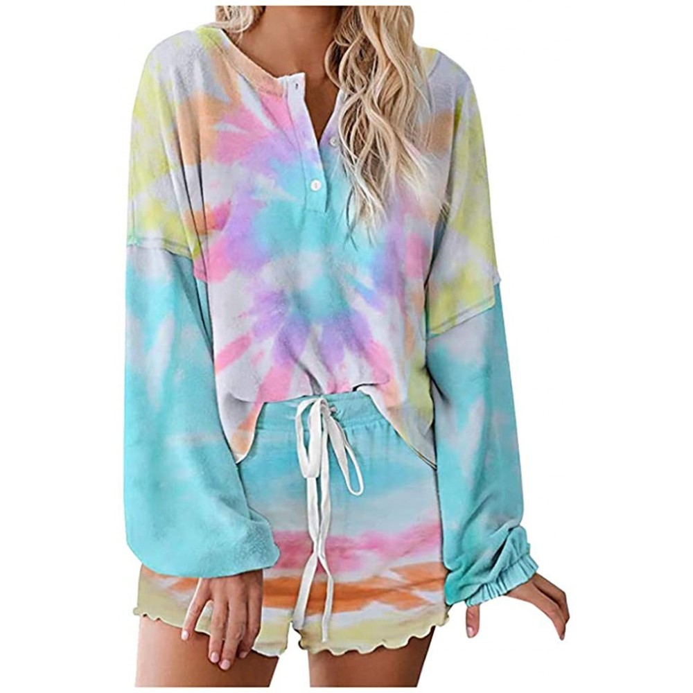 Sets Womens Tie-Dye Printed 2 Piece Pajamas Set Sleepwear Shorts Long Sleeve Tops - Multicolor - CY190QZ53CL