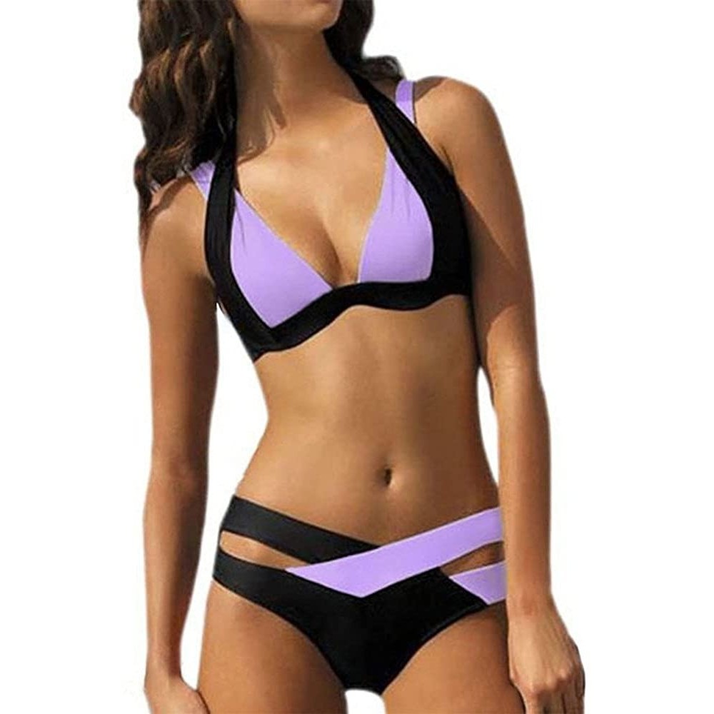 Thermal Underwear Swimsuits for Womens Cross Bandage Bikini Set Push-Up Brazilian Swimwear Beachwear Swimsuit - E-light Purpl...