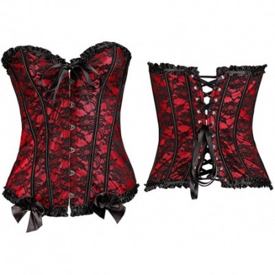 Shapewear Womens Floral Black Lace Trim Corset Overbust Waist Cincher Bustier Body Shaper - Red - CK18WLL86KT