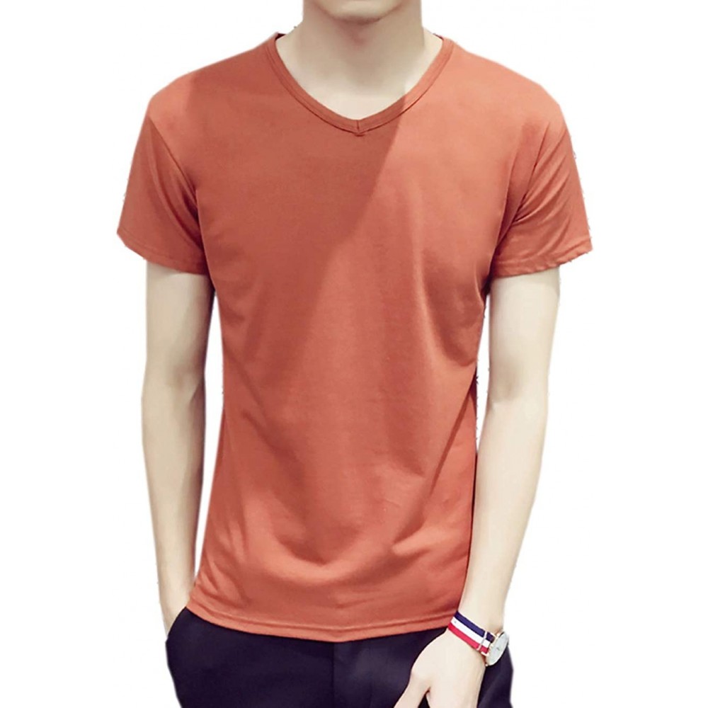 Undershirts Men's Plain Candy Colors V Neck Undershirts Stretch Jersey T-Shirt Cotton Tee - Coral - CP18M3MSY23