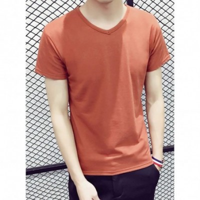 Undershirts Men's Plain Candy Colors V Neck Undershirts Stretch Jersey T-Shirt Cotton Tee - Coral - CP18M3MSY23