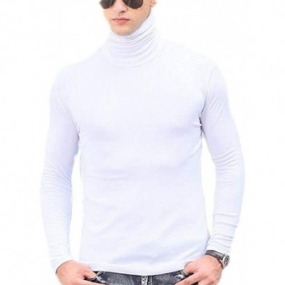 Thermal Underwear Men's Basic Solid Turtle Neck Slim Fit Thermal Long Sleeve Cotton T-Shirt Tee - White - C3190U6M357