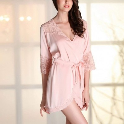 Robes Women's Satin Lace Kimono Robes Short Luxury Lingerie Silky 3/4 Sleeves Loungewear - Pink - CS18W5QW8T5