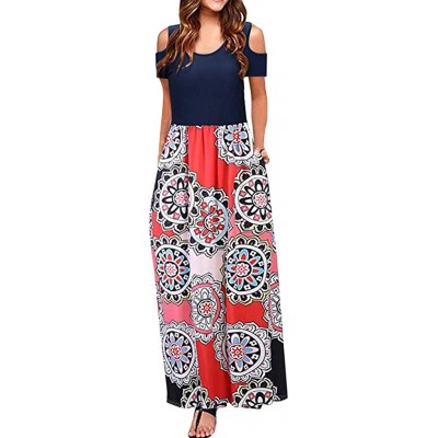 Panties Dresses for Womens- Cold Shoulder Pocket Floral Print Elegant Maxi Short Sleeve Casual - 4958red - C118QNTIX5K