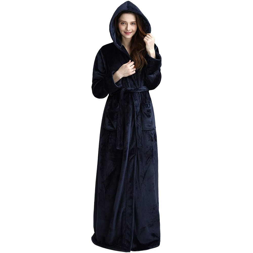 Robes Womens Winter Warm Fleece Bathrobe with Hood 2 Side Pockets - Navy - CN18I8G7R9N