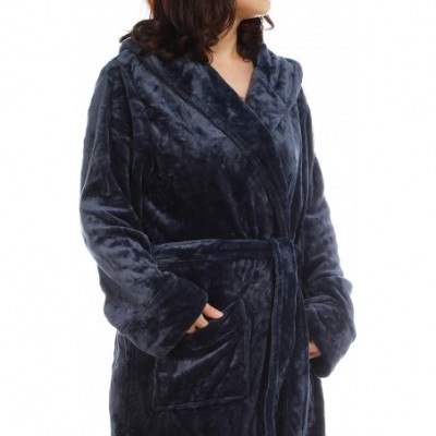 Robes Womens Winter Warm Fleece Bathrobe with Hood 2 Side Pockets - Navy - CN18I8G7R9N