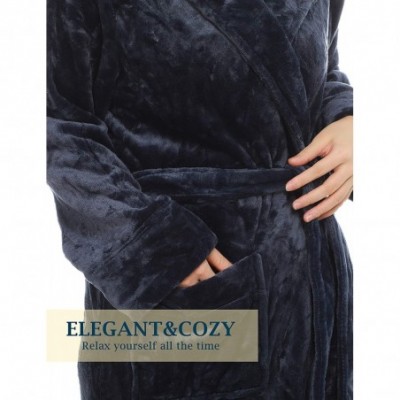 Robes Womens Winter Warm Fleece Bathrobe with Hood 2 Side Pockets - Navy - CN18I8G7R9N