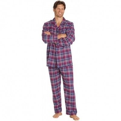 Sleep Sets Sleepwear Mens Flannel Pajamas- Long 100% Cotton Pj Set - Purple Plaid - C4187WWM6LU