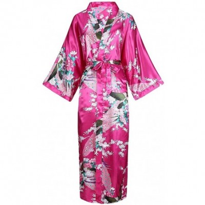 Robes Women Long Robe with Pocket Wedding Bride Bridesmaid Dressing Gown Rayon Kimono Night Dress - Hot Pink - CZ18TCN0W79