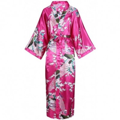 Robes Women Long Robe with Pocket Wedding Bride Bridesmaid Dressing Gown Rayon Kimono Night Dress - Hot Pink - CZ18TCN0W79