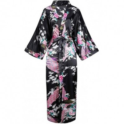 Robes Women Long Robe with Pocket Wedding Bride Bridesmaid Dressing Gown Rayon Kimono Night Dress - Hot Pink - CZ18TCN0W79