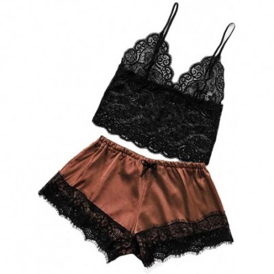 Sets Womens Pajama Set Short Lace Cami Women's Sexy 2 Piece Lingerie Sleepwear Silky Nightgown pj Set S-3XL - Brown - CP193X8...