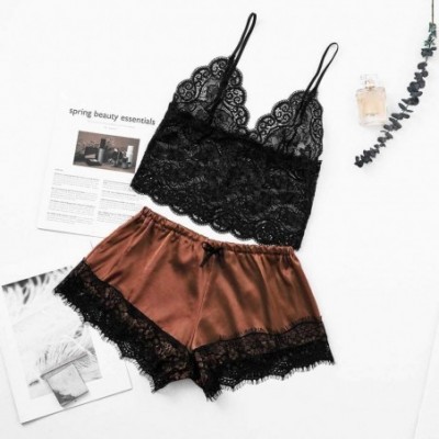 Sets Womens Pajama Set Short Lace Cami Women's Sexy 2 Piece Lingerie Sleepwear Silky Nightgown pj Set S-3XL - Brown - CP193X8...