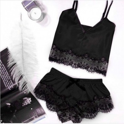 Sets Women Lace Sexy Lingerie Set Camis Tops and Shorts Sleepwear Set Babydoll G String Dress Nightwear Pajamas Set Black - C...