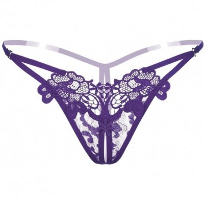 Panties Women's Thong Underwear Sexy Cutout Lace Panties T-Pants - Purple - C8194DZG463