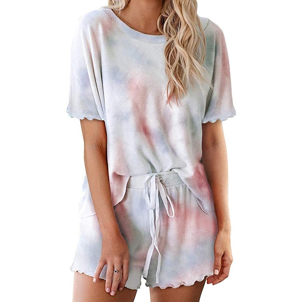 Sets Womens Tie Dye Pajamas Set Short Sleeve Tops and Shorts 2 Piece Sleepwear Nightwear - 1-pink - CJ1982TQDK0