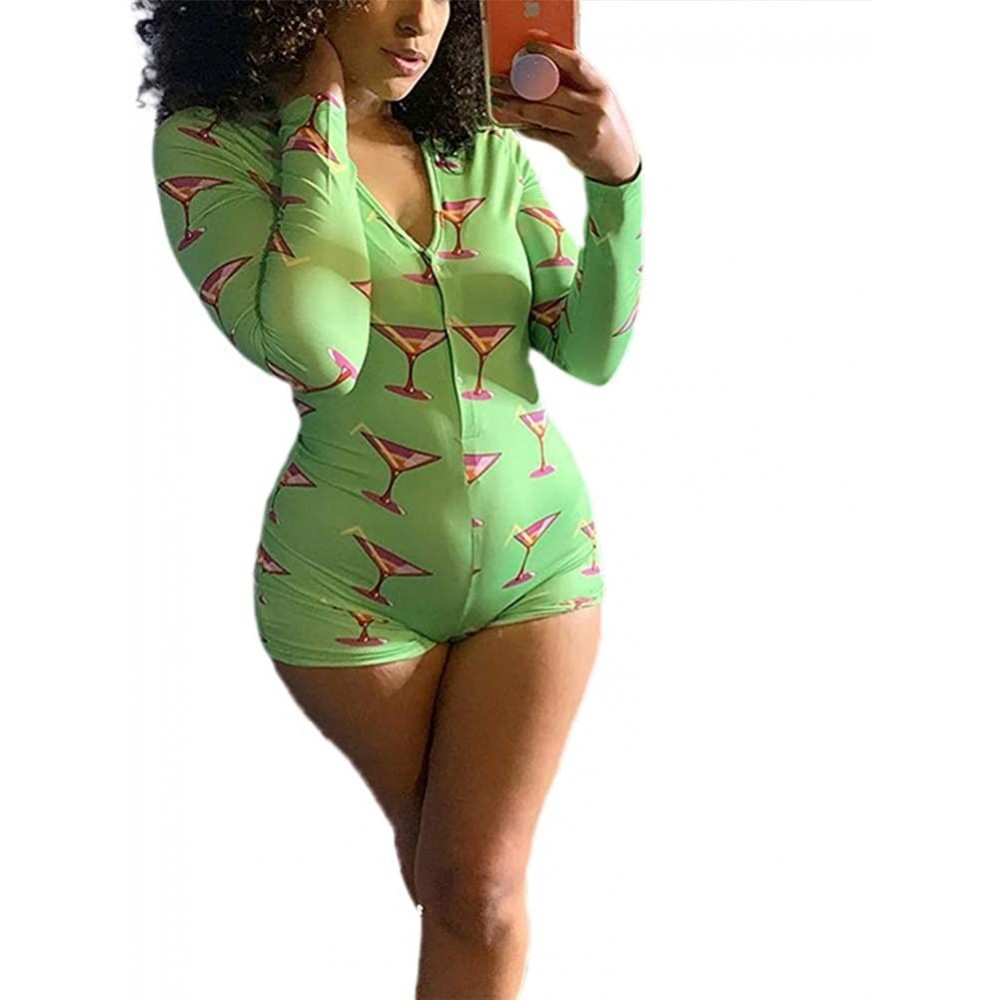 Shapewear Women's V Neck One Piece Bodysuit Long Sleeve Bodycon Rompers Overall Pajama - Green - CQ199OR7UMY