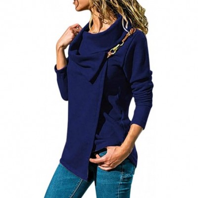 Tops Women Autumn Blouse Lapel Buckle Casual Long Sleeve Plus Size Pullover Tunic Top - Blue - CH18WDT79S8