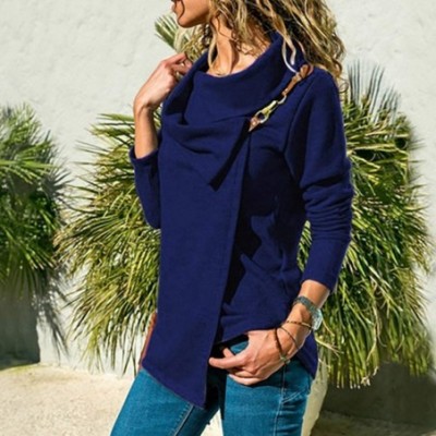 Tops Women Autumn Blouse Lapel Buckle Casual Long Sleeve Plus Size Pullover Tunic Top - Blue - CH18WDT79S8