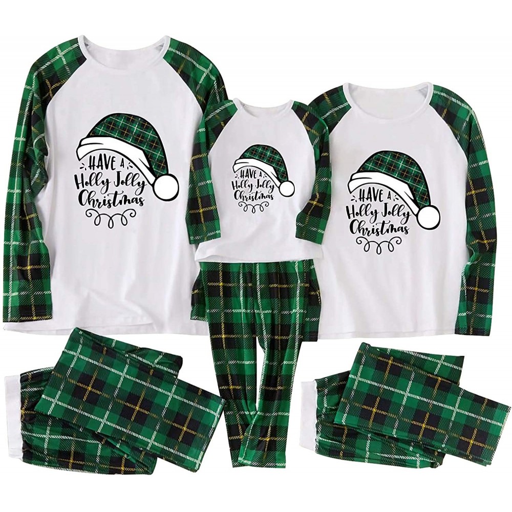 Sets Family Matching Christmas Pajamas with Letter- Santa Hat Printing Tee and Plaid Pants Sleepwear Set for Men Women Kids -...