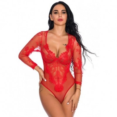 Baby Dolls & Chemises One Piece Women Sexy Lace Teddy Lingerie Jumpsuit Long Sleeve Bodysuit Sleepwear - Red - CH18XWZU9GU