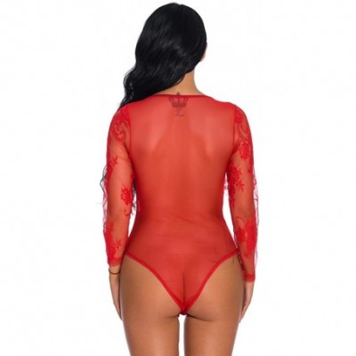 Baby Dolls & Chemises One Piece Women Sexy Lace Teddy Lingerie Jumpsuit Long Sleeve Bodysuit Sleepwear - Red - CH18XWZU9GU