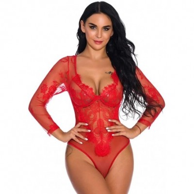 Baby Dolls & Chemises One Piece Women Sexy Lace Teddy Lingerie Jumpsuit Long Sleeve Bodysuit Sleepwear - Red - CH18XWZU9GU