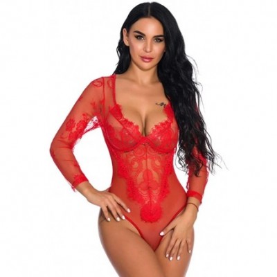 Baby Dolls & Chemises One Piece Women Sexy Lace Teddy Lingerie Jumpsuit Long Sleeve Bodysuit Sleepwear - Red - CH18XWZU9GU