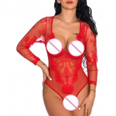 Baby Dolls & Chemises One Piece Women Sexy Lace Teddy Lingerie Jumpsuit Long Sleeve Bodysuit Sleepwear - Red - CH18XWZU9GU