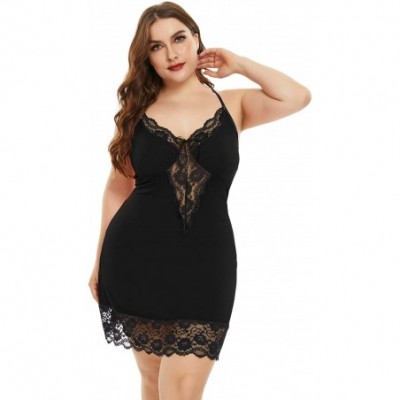 Nightgowns & Sleepshirts Women Plus Size Lingerie Babydoll Back Crisscross Lace Trim Chemise Sleepwear - Black - C619D44R2K5