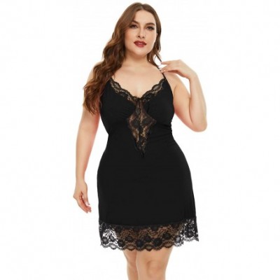 Nightgowns & Sleepshirts Women Plus Size Lingerie Babydoll Back Crisscross Lace Trim Chemise Sleepwear - Black - C619D44R2K5