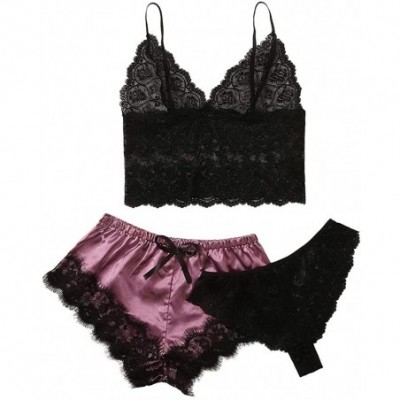 Sets Pajamas Set Womens Lace Cami Top with Shorts Panties 3 Piece Sleepwear Set Comfy Sexy Lingerie Nightwear Purple - C81903...