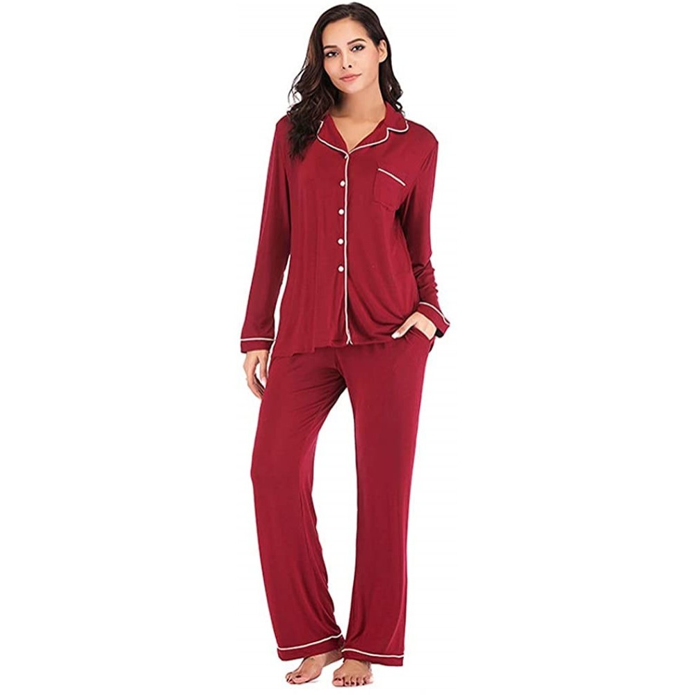 Sets Womens Soft Pajama Sets Cotton Long Sleeve Pajamas for Women Sleepwear Button Down Nightwear Lounge Sets Wine long - C91...