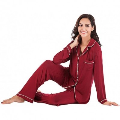 Sets Womens Soft Pajama Sets Cotton Long Sleeve Pajamas for Women Sleepwear Button Down Nightwear Lounge Sets Wine long - C91...