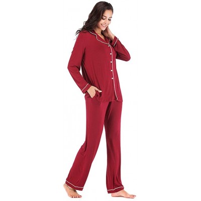 Sets Womens Soft Pajama Sets Cotton Long Sleeve Pajamas for Women Sleepwear Button Down Nightwear Lounge Sets Wine long - C91...