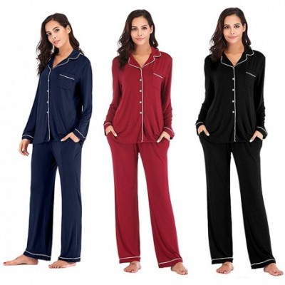 Sets Womens Soft Pajama Sets Cotton Long Sleeve Pajamas for Women Sleepwear Button Down Nightwear Lounge Sets Wine long - C91...