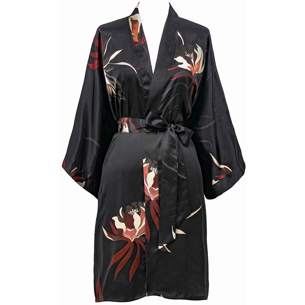 Robes Women's Satin Kimono Robe Short - Floral - Hana - Black - C818ZYTGYK4