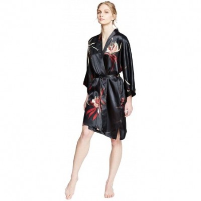 Robes Women's Satin Kimono Robe Short - Floral - Hana - Black - C818ZYTGYK4